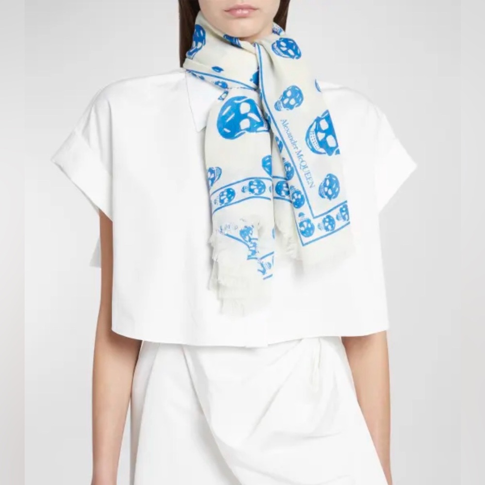 Alexander McQueen Wool Fringe Scarf- Ivory/ Blue